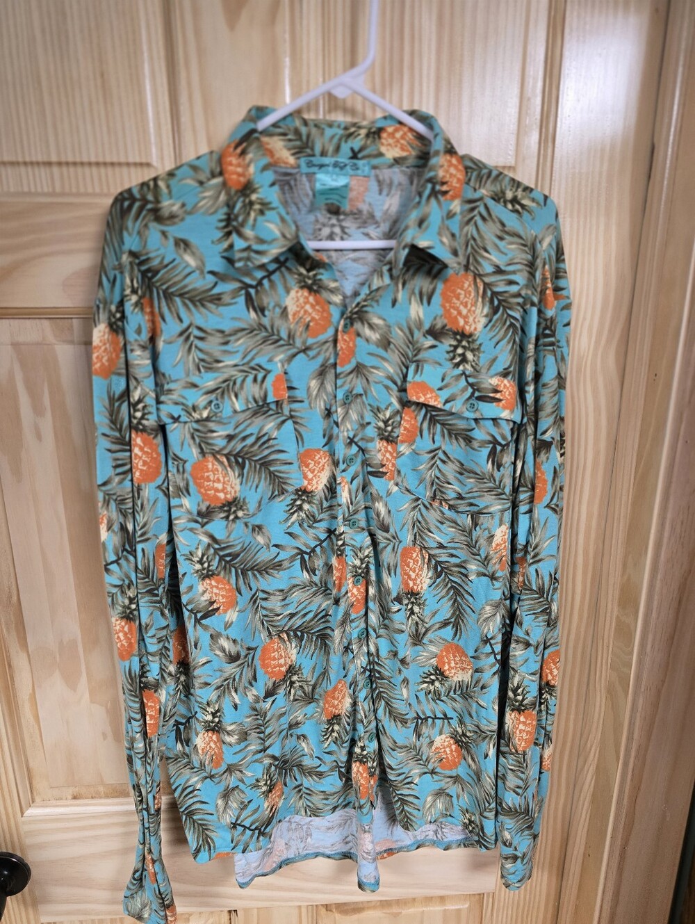 Womens Tropical Pineapple Print Button-Up Shirt - Teal & Orange